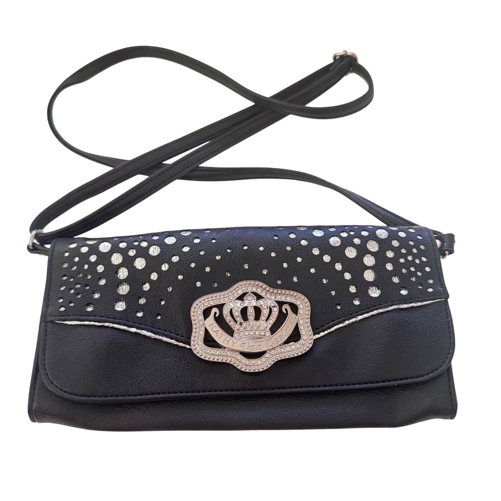 Kathy Van Zeeland Black Crossbody Rhinestone Crown Purse Y2K EUC 10x5‎